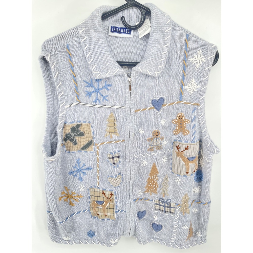 Erika II & Co Sweater Vest Womens 18/20W Blue Beaded Christmas Patchwork Zip